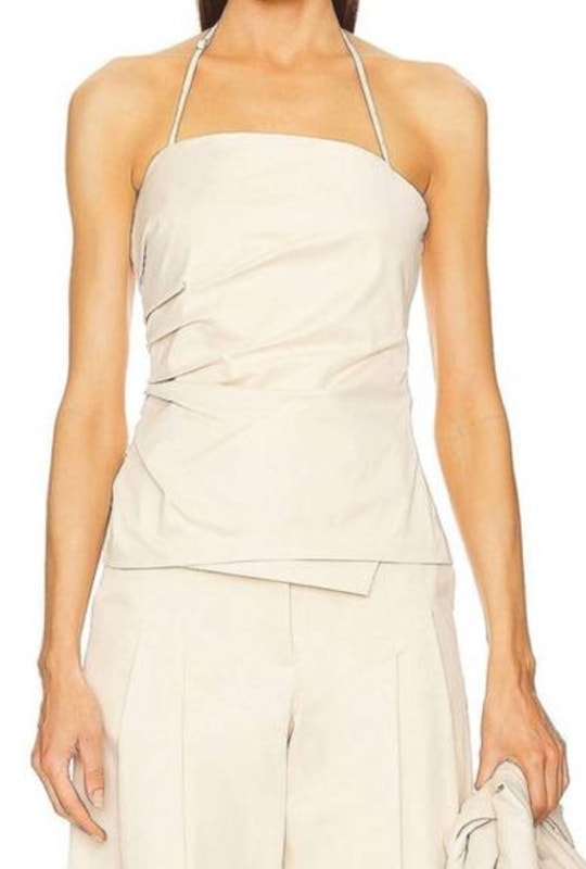 A.L.C. Charlotte Top Sleeveless Halter Neck Pleated Tank Cotton Blend Beige 4